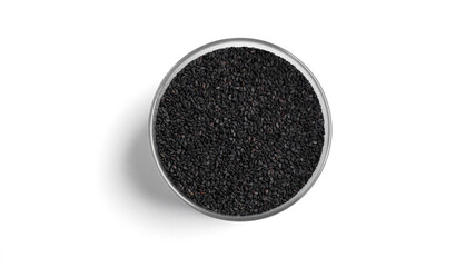 Black sesame seeds in a glass jar isolated on a white background.