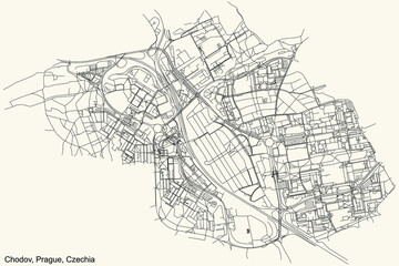 Black simple detailed street roads map on vintage beige background of the municipal district Chodov cadastral area of Prague, Czech Republic