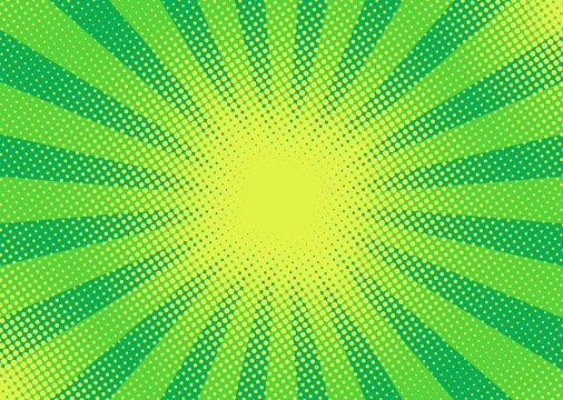Pop art halftone background. Comic starburst pattern. Green sunburst effect. Cartoon banner with dots and rays. Vintage duotone texture. Vector illustration. Superhero banner. Gradient wow design.