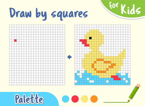Copy the picture, draw squares. Game for small children draw an duck by cells. Yellow duck cartoon, drawing skills training. Kids preschool activity. vector illustration, pixel art.