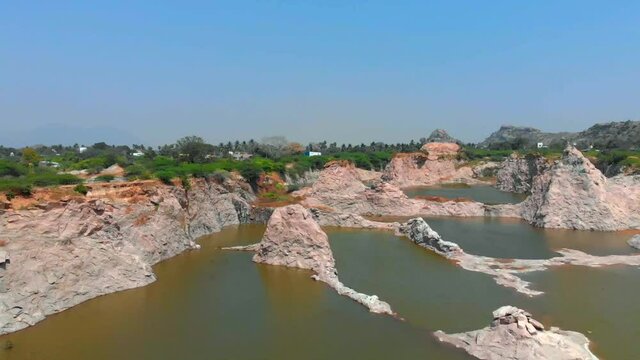 Drone flying over a beautiful rock quarry in Tamil Nadu, India.