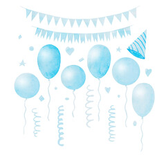 Blue baloons set isolated. Abstract watercolor free-hand illustration for postcard, invitation, banner