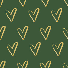 Organic shapes naive pattern with golden hearts on green background . Abstract watercolor seamless pattern, handdrawn illustration, surface fabric textile design