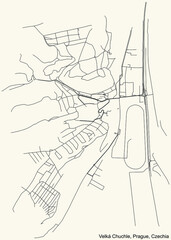 Black simple detailed street roads map on vintage beige background of the municipal district Velká Chuchle cadastral area of Prague, Czech Republic