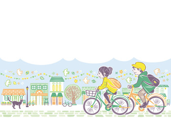 Obraz na płótnie Canvas にぎやかな街並み　サイクリングを楽しむ男性と女性