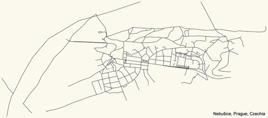 Fototapeta premium Black simple detailed street roads map on vintage beige background of the municipal district Nebušice cadastral area of Prague, Czech Republic