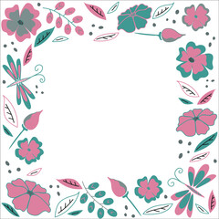 Fototapeta na wymiar Banner with floral frame vector template. Square frame with botanical design. Decorative border with beautiful flowers, leaves butterflies, natural blossom. Hand drawn illustration with text space.