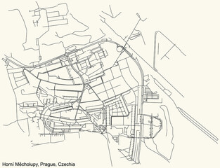 Fototapeta na wymiar Black simple detailed street roads map on vintage beige background of the municipal district Horní Měcholupy cadastral area of Prague, Czech Republic