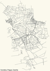 Black simple detailed street roads map on vintage beige background of the municipal district Kunratice cadastral area of Prague, Czech Republic