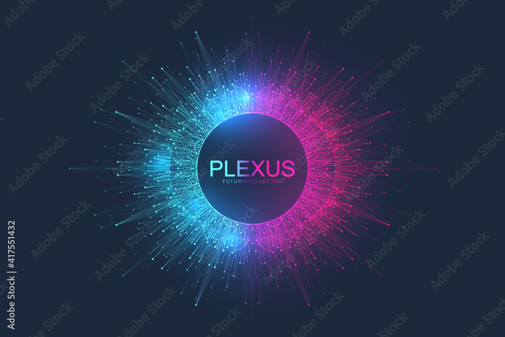 Aufkleber Abstract plexus background with dynamic particles. Plexus stream background with fractal elements. Deep learning artificial intelligence. Big data algorithm visualization. Digital vector illustration.