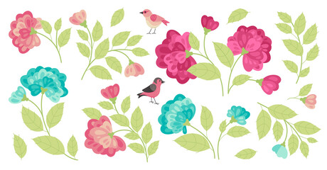 Vector collection of peonies and birds in flat style for your design 