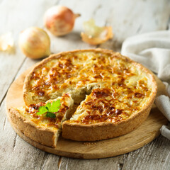 Traditional homemade onion pie or quiche