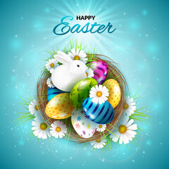 Easter greeting card with cute bunny, chamomiles and eggs.