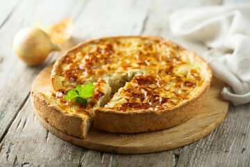 Traditional homemade onion pie or quiche