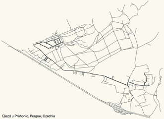 Black simple detailed street roads map on vintage beige background of the municipal district Újezd u Průhonic cadastral area of Prague, Czech Republic