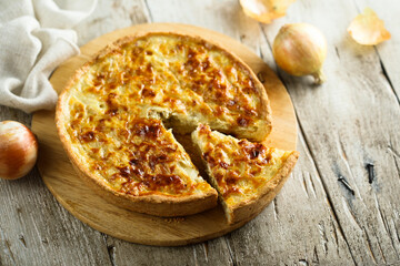 Traditional homemade onion pie or quiche