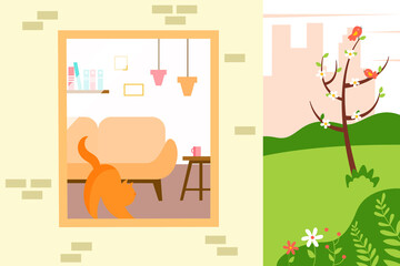 Spring window with a playful cat on the windowsill. Cozy interior in a flat style. Spring cute illustration.
