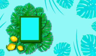 Illustration. Composition with tropical monstera leaves and colored frame.