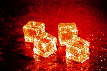 Red ice cubes reflection on black table background.