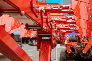 Agrarian technique. Close-up of parts of machine mechanisms