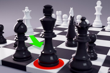 Checkmate. Black kings angle of chess board with white queen ready to make the winning move. 3D illustration