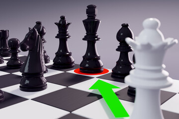 Checkmate. White queens angle of chess board with white ready to make the winning move. 3D illustration