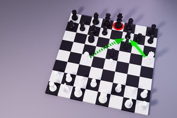 Checkmate. High angle view of chess board with white queen ready to make the winning move. 3D illustration