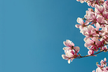 Branche de fleurs roses de magnolia sur le bord droit, sur fond vide de ciel bleu en lumière naturelle, par jour ensoleillé © Quéméner Valérie