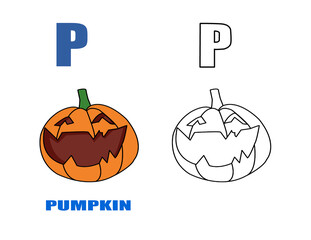 Alphabet P with drawing of pumpkin for coloring book,