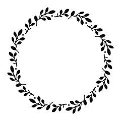 Vector hand drawn spring wreath isolated on white background. Silhouette circle of leaves. Doodle style. Floral frame.