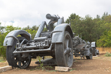 Carriage of heavy German 211-mm mortars of the 1918 model in the memorial complex Sapun-Gora in the hero city of Sevastopol, Crimea