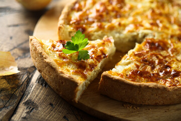 Traditional homemade onion pie or quiche