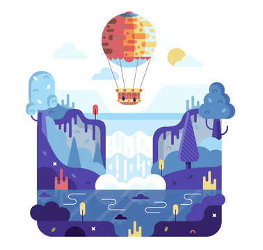 Hot air balloon flies over a waterfall, forest and lake. Vector cartoon flat illustration.