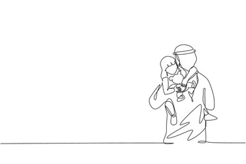 Single continuous line drawing of young Islamic dad hugging his sleepy daughter girl while holding toy doll. Arabian Muslim happy family parenting concept. One line draw design vector illustration
