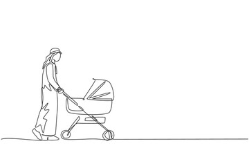 One continuous line drawing of young Arabian dad walking and pushing baby trolley at mall. Islamic Muslim happy family parenting concept. Dynamic single line draw design vector illustration