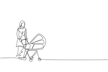 Fototapeta na wymiar One continuous line drawing of young Arabian mother pushing baby trolley at outdoor park. Islamic Muslim happy loving family parenting concept. Dynamic single line draw design vector illustration