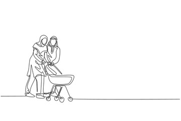 One single line drawing of young Arabian mother and father walk and push baby trolley at outdoor park vector illustration. Islamic Muslim happy family parenting concept. Continuous line draw design