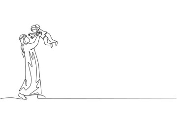 Single continuous line drawing of young Islamic dad playing and lifting his daughter girl up into the air. Arabian muslim happy family parenting concept. One line draw design vector illustration