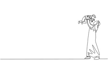 One continuous line drawing of young happy Islamic father playing and lifting his boy son up into the air. Muslim happy family parenting concept. Dynamic single line draw design vector illustration