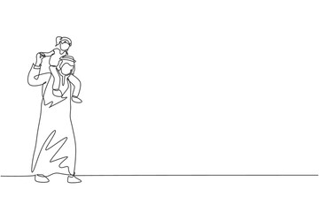 Single continuous line drawing of young happy Arabian father playing and lifting daughter girl on his shoulder. Muslim happy family parenting concept. One line draw design vector illustration
