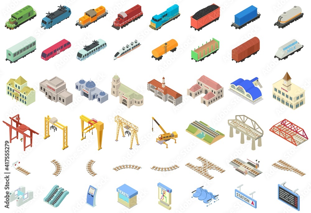 Poster railway station icons set. isometric set of railway station vector icons for web design isolated on 