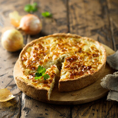 Traditional homemade onion pie or quiche