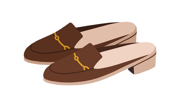 Trendy backless mule shoes or slip-on loafers with metallic buckle and low heel. Fashion women's summer footwear. Colored flat vector illustration isolated on white background