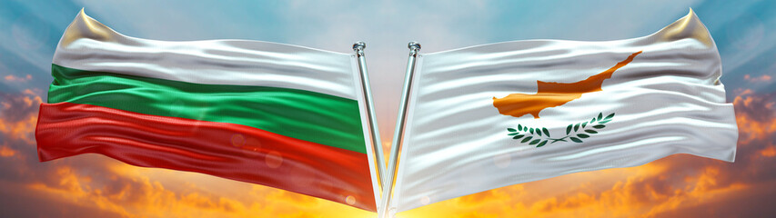 Bulgaria Flag and Cyprus Flag waving with texture Blue sky could and sunset Double flag