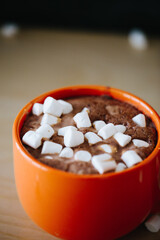 Orange cup with hot cocoa and marshmallows