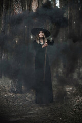 Naklejka premium Witch at wood, fog around, magic concept, illustration for rituals and mystical scene