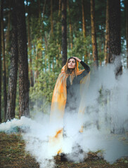 Fototapeta premium Witch at wood, fog around, magic concept, illustration for rituals and mystical scene