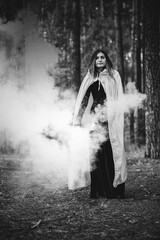 Witch at wood, fog around, magic concept, illustration for rituals and mystical scene