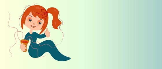 A girl drinks coffee and advertises her favorite drink by raising her finger up, Cute baby emotions. Delicate Vector Board with Place for Text.