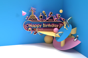 3D Happy Birthday Text Party Elements Background Flyer Poster 3D Design.